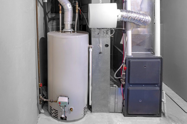 a utility closet with a hot water heater and a HVAC unit
