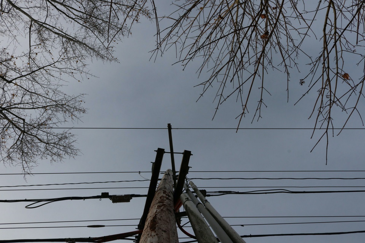 an electrical pole with power lines near a tree