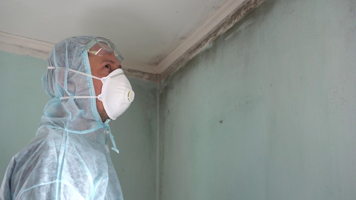 a mold specialist dressed in plastic with a mask