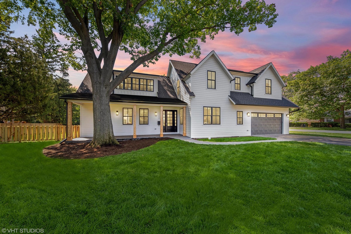 modern farm house at dusk