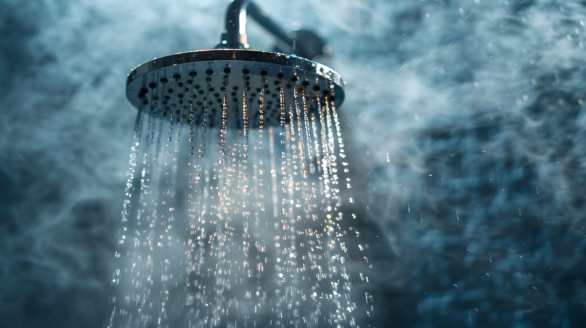A shower head is flowing with steam coming up around it