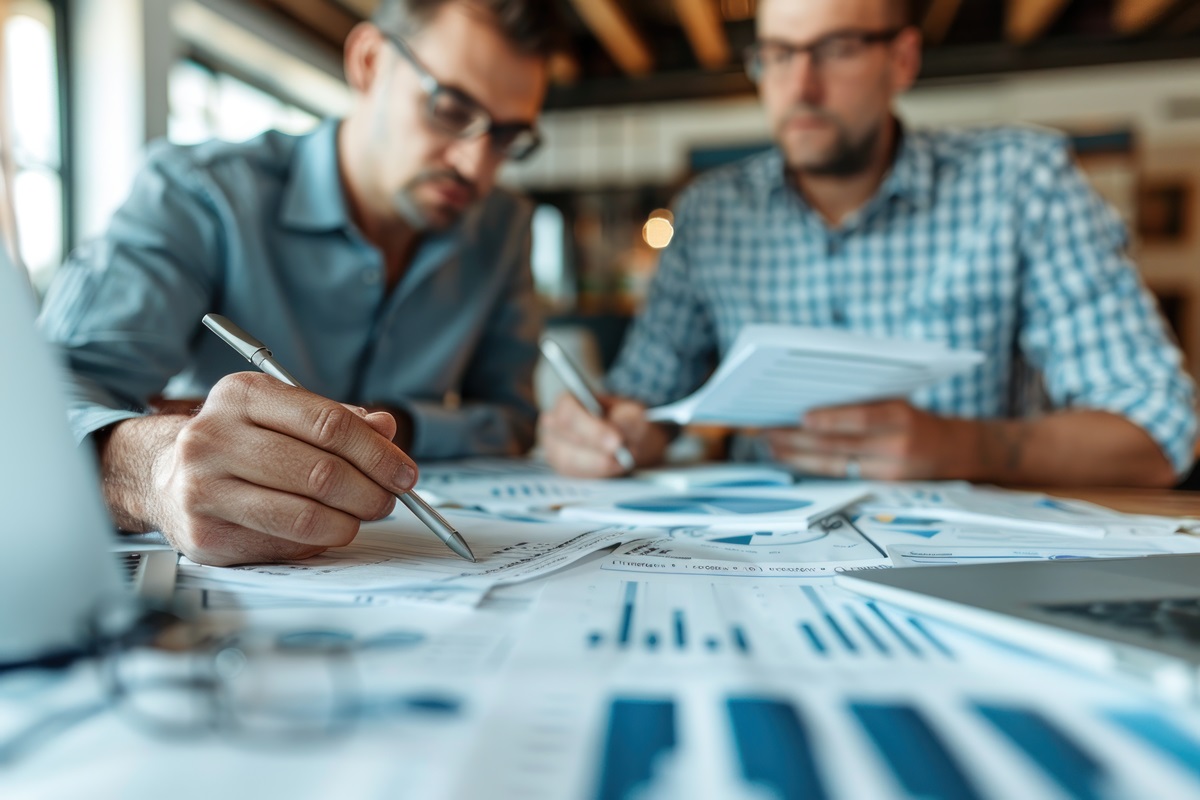 Close-up view of a two men looking at loan options