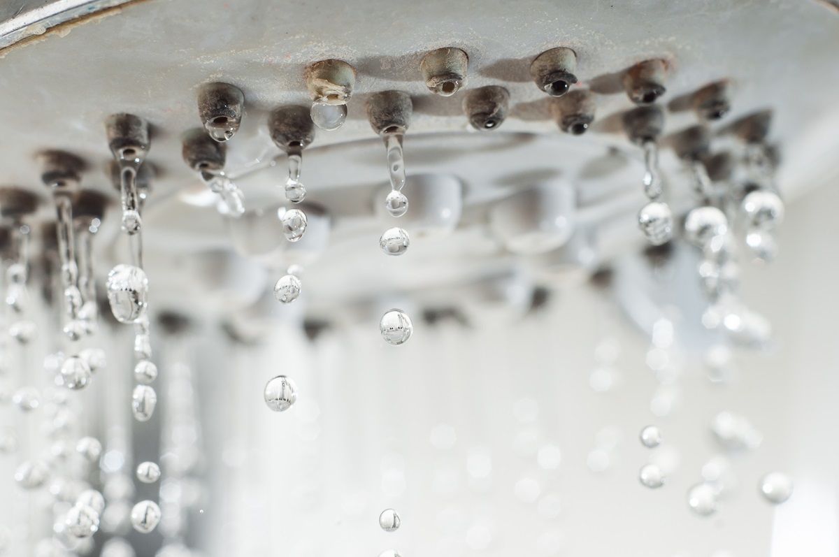 Drops of water drip from the shower faucet.