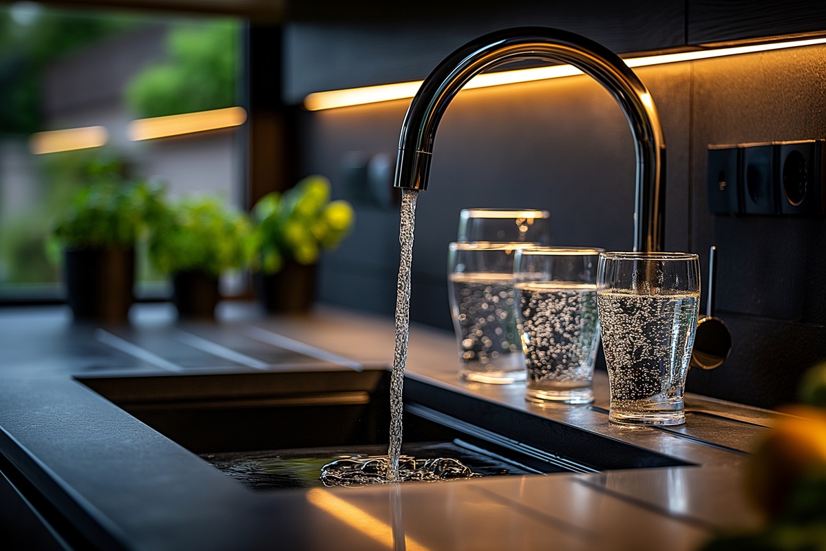 A close-up of a modern water filtration system in a kitchen, with water flowing from the tap into a glass, highlighting advanced purification technology.